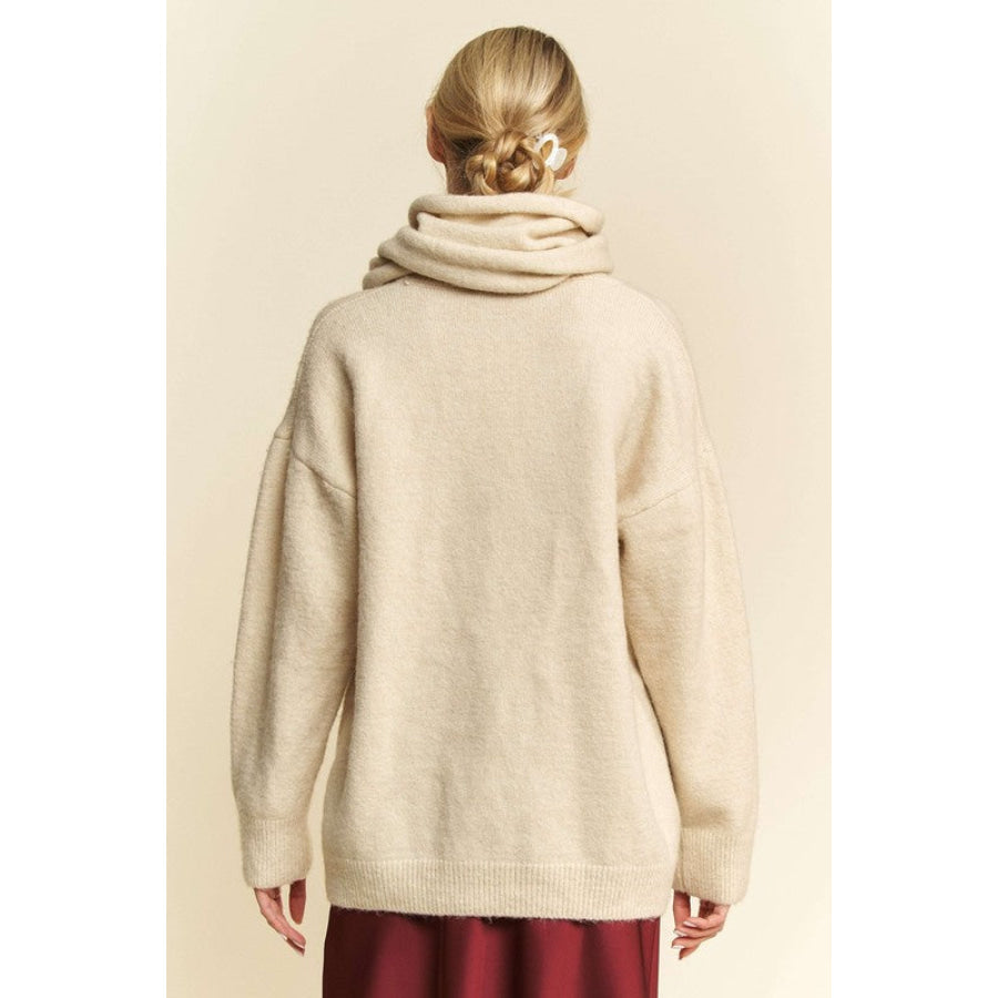 Davi & Dani V-Neck Dropped Shoulder Sweater with Scarf Cream / S Apparel and Accessories