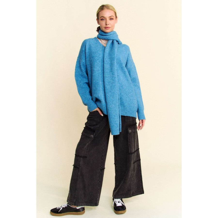 Davi &amp; Dani V-Neck Dropped Shoulder Sweater with Scarf Cerulean / S Apparel and Accessories