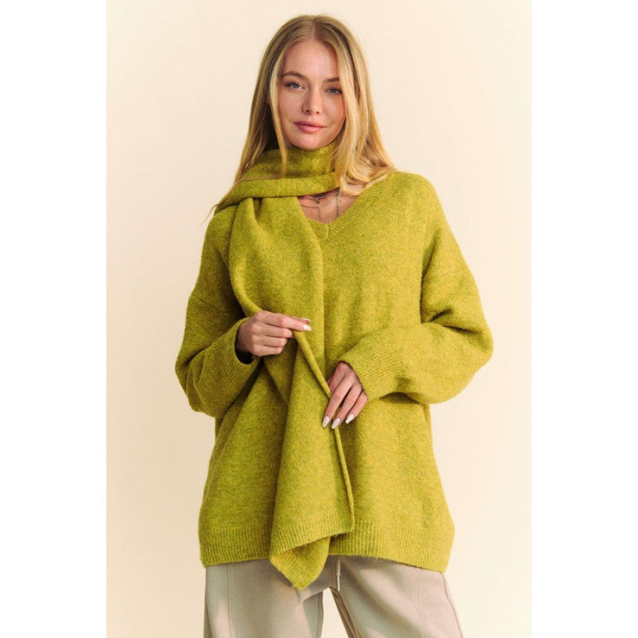 Davi &amp; Dani V-Neck Dropped Shoulder Sweater with Scarf Chartreuse / S Apparel and Accessories