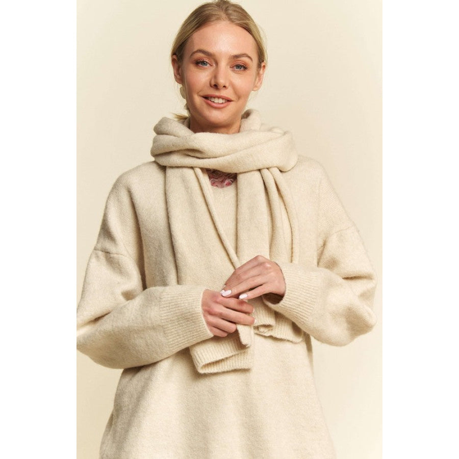 Davi &amp; Dani V-Neck Dropped Shoulder Sweater with Scarf Cream / S Apparel and Accessories