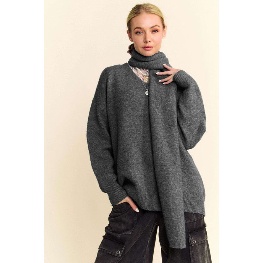 Davi &amp; Dani V-Neck Dropped Shoulder Sweater with Scarf Set Dark Gray / S Apparel and Accessories