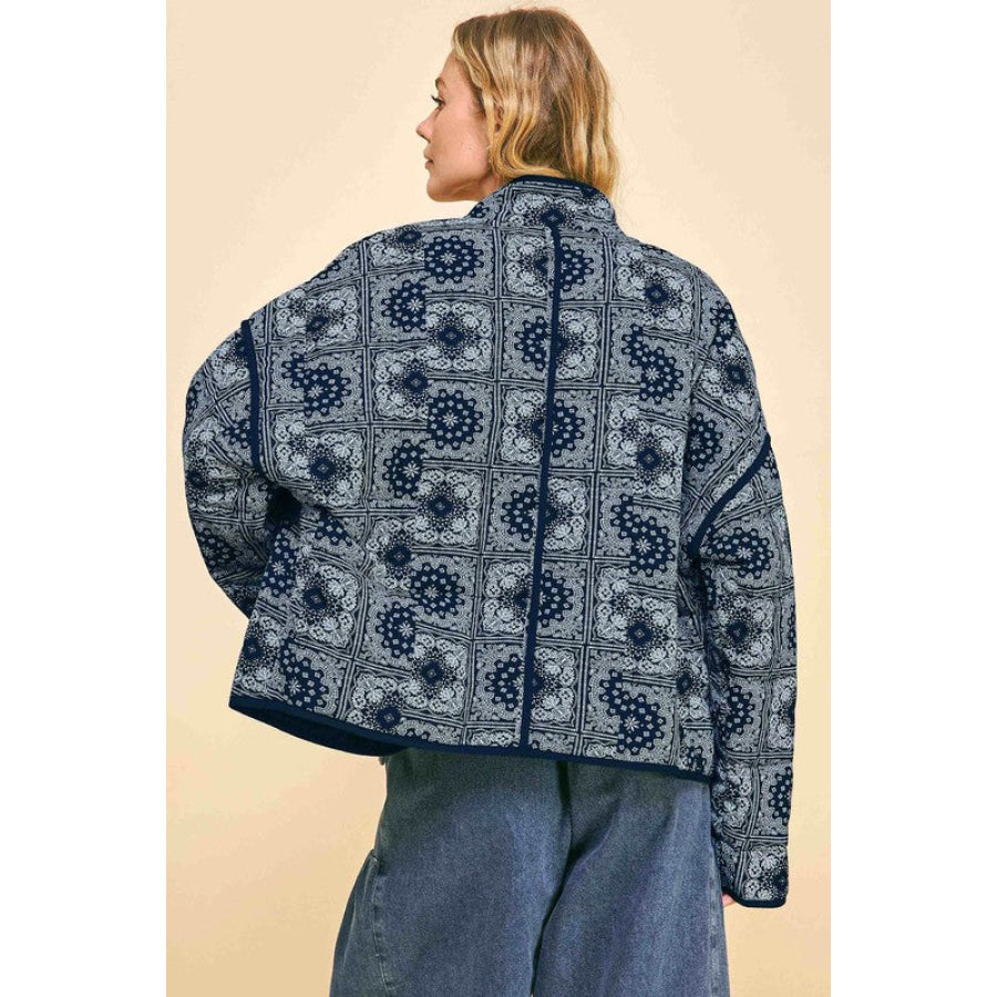 Davi & Dani Vintage Print Open Front Jacket with Pockets Black / S Apparel and Accessories