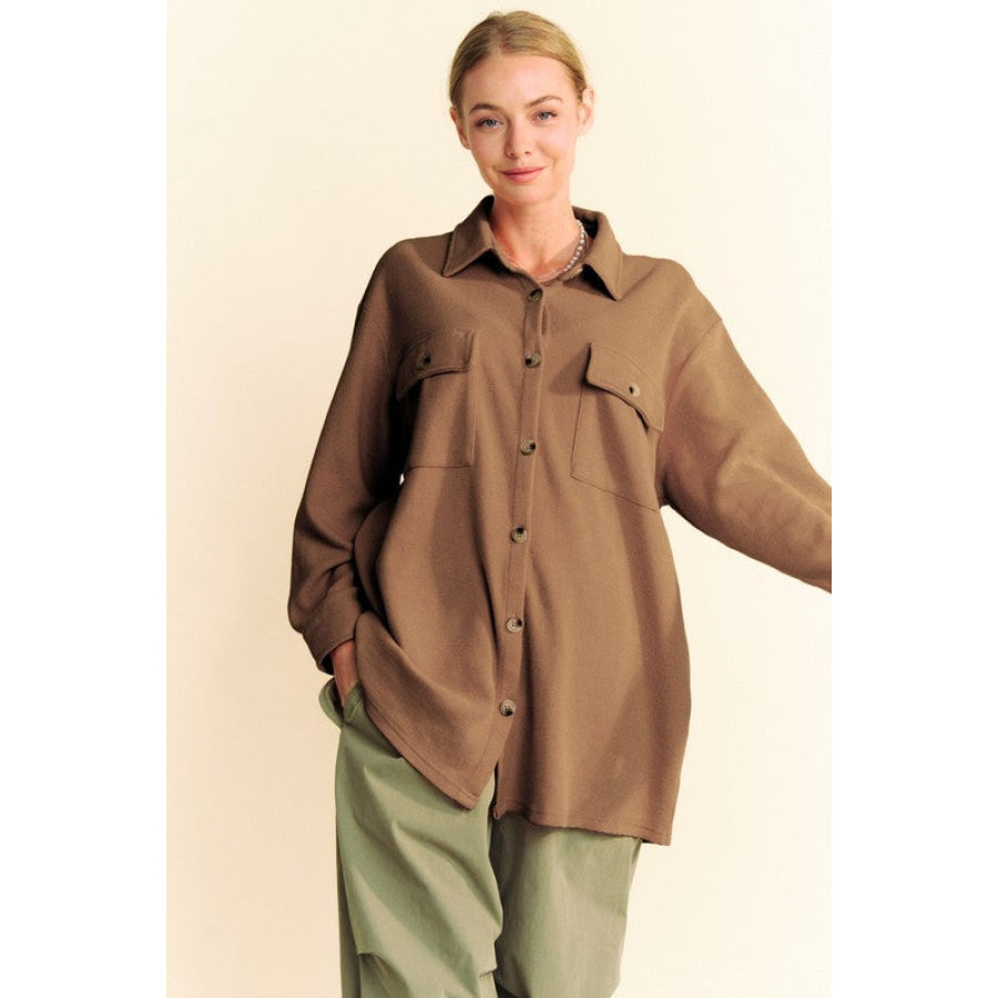 Davi & Dani Waffle-Knit Button Down Shirt Brown / S Apparel and Accessories