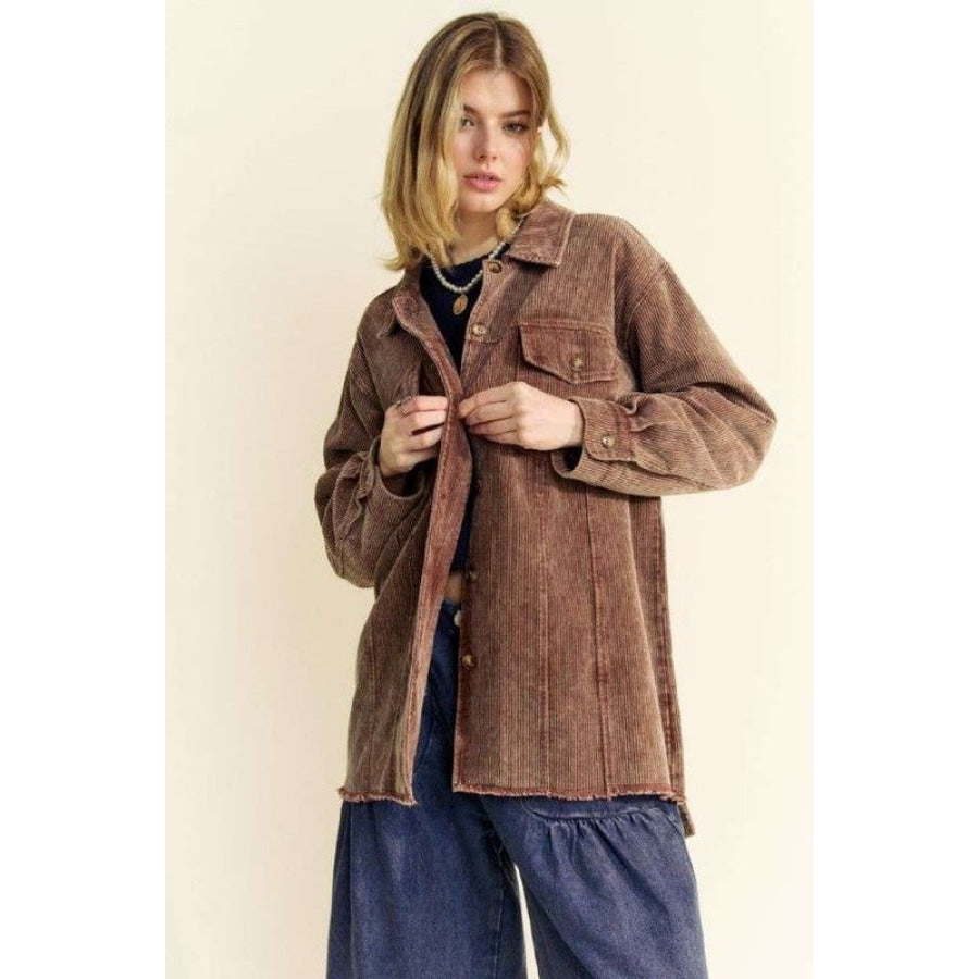 Davi &amp; Dani Washed Corduroy Raw Hem Button Up Jacket Apparel and Accessories