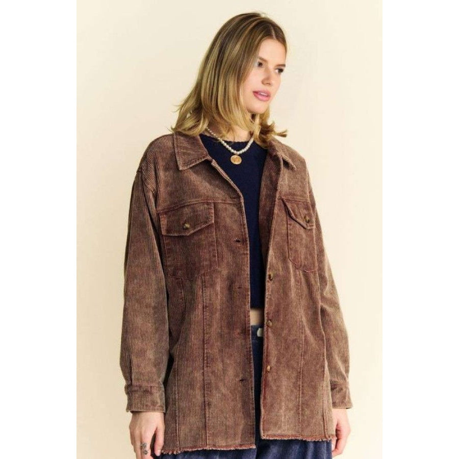 Davi &amp; Dani Washed Corduroy Raw Hem Button Up Jacket Apparel and Accessories