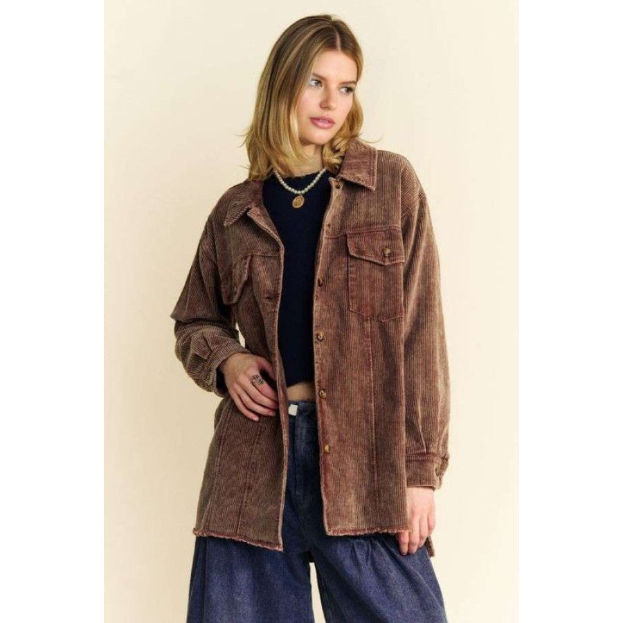 Davi &amp; Dani Washed Corduroy Raw Hem Button Up Jacket Apparel and Accessories