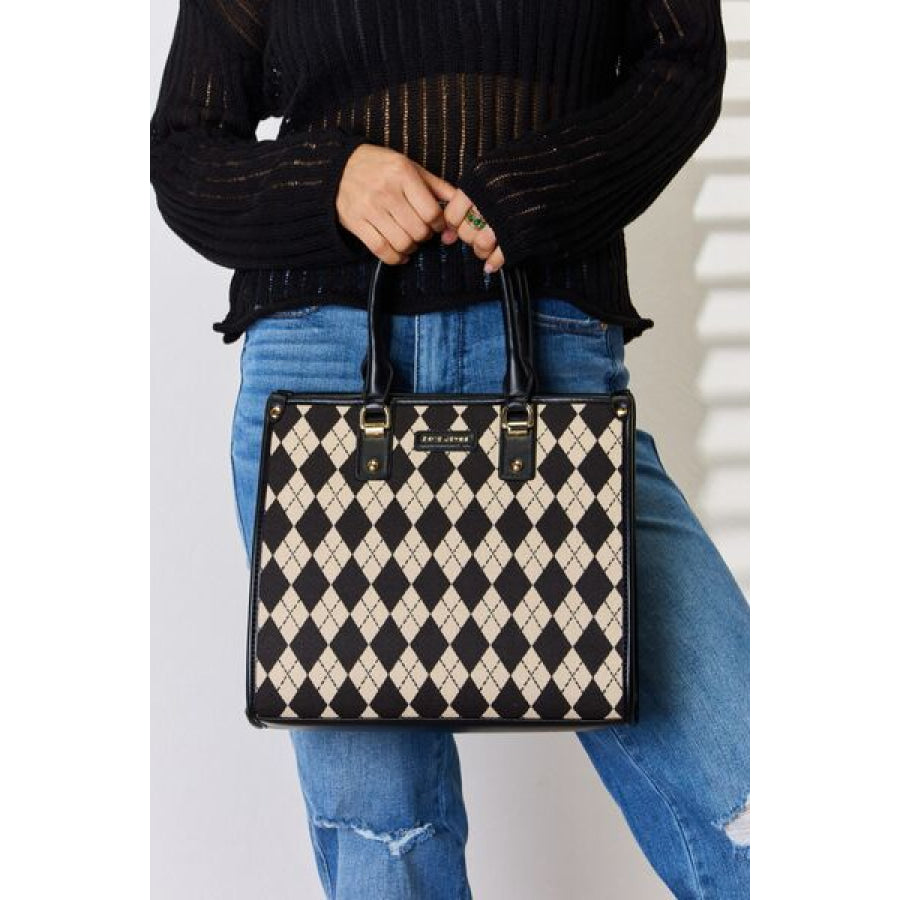 David Jones Argyle Pattern PU Leather Handbag Black / One Size Apparel and Accessories
