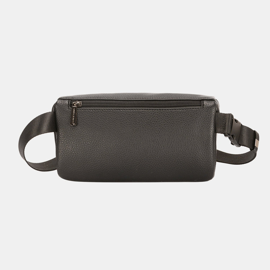 David Jones PU Leather Double Zipper Adjustable Belt Bag Black / One Size Apparel and Accessories