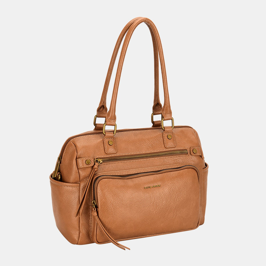 David Jones Zipper PU Leather Handbag Cognac / One Size Apparel and Accessories