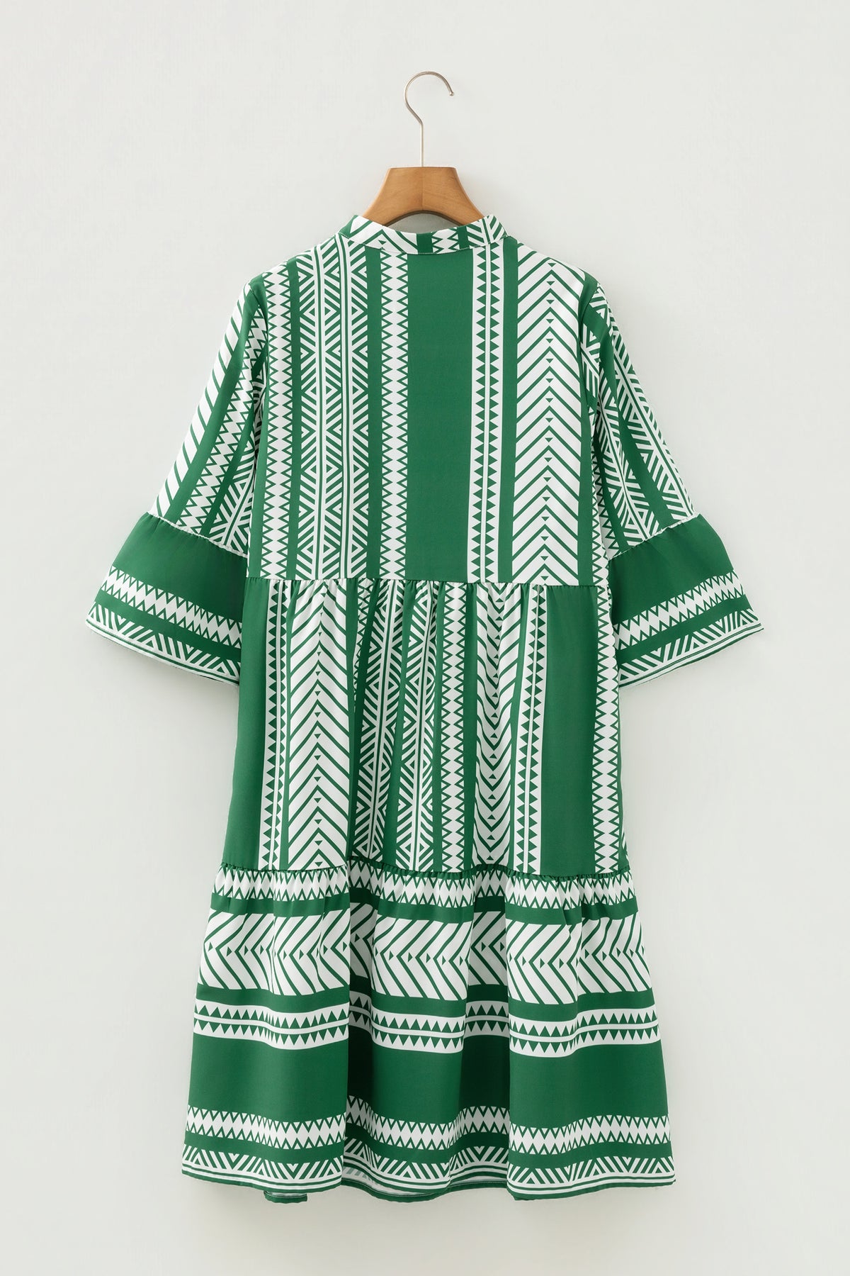 Green Boho Ethnic Print Half Button 3/4 Sleeve Casual Dress
