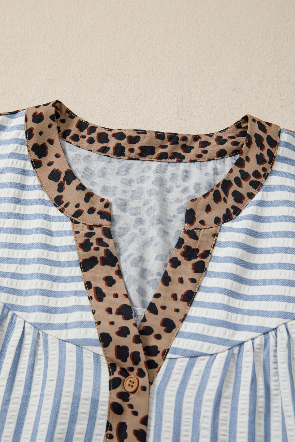 Pink Stripe Leopard Trim V Neck Button Down Half Sleeve Shirt