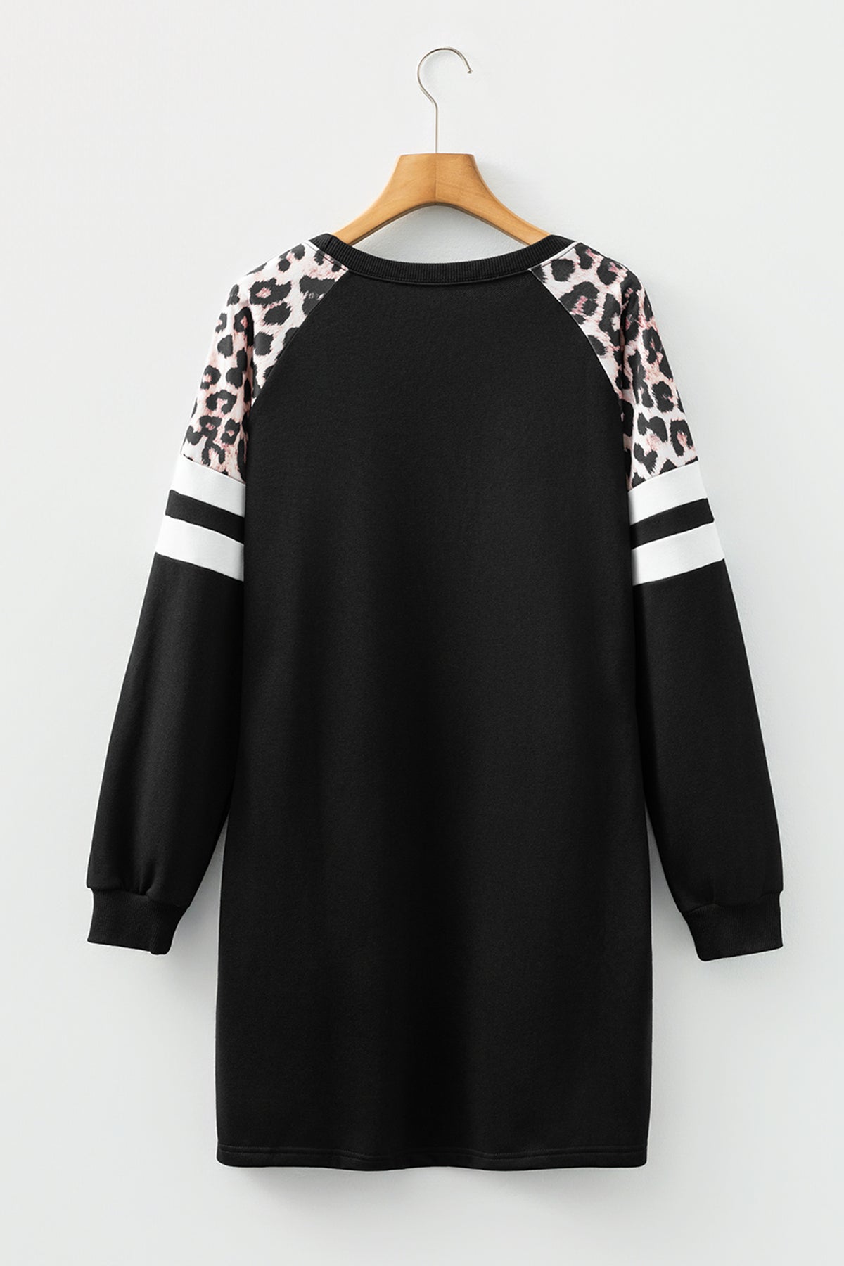Black Leopard Print Patchwork Varsity Raglan Sleeve Sweatshirt Dress