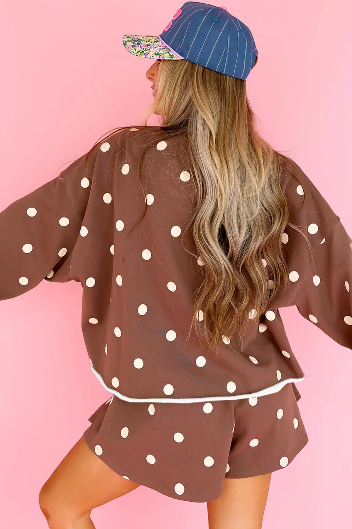 Brown Polka Dot Raw Hem Relaxed Pullover Loose Skort Two Piece Set
