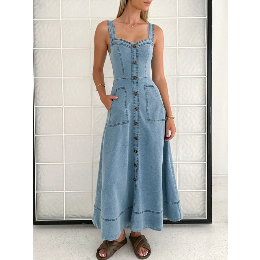 Decor Button Front A-Line Denim Dress Apparel and Accessories