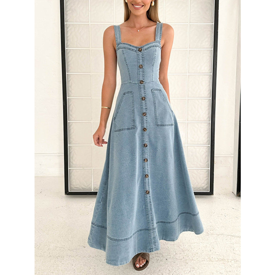 Decor Button Front A-Line Denim Dress Light Blue / S Apparel and Accessories