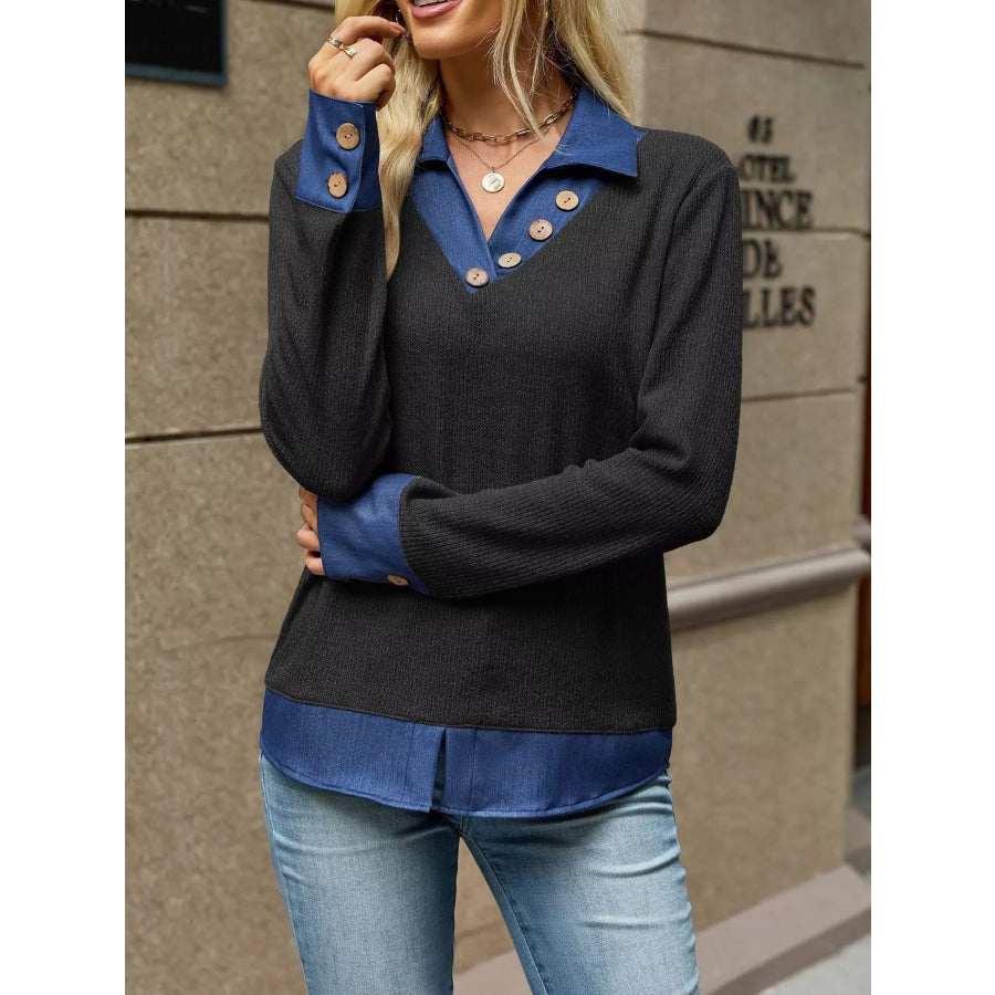 Decor Button Long Sleeve Sweatshirt Black / S Apparel and Accessories