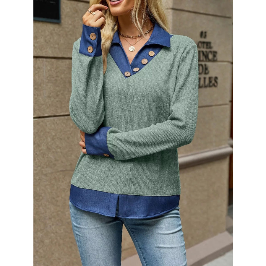 Decor Button Long Sleeve Sweatshirt Green / S Apparel and Accessories