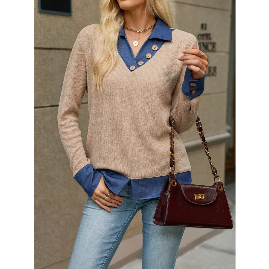 Decor Button Long Sleeve Sweatshirt Khaki / S Apparel and Accessories