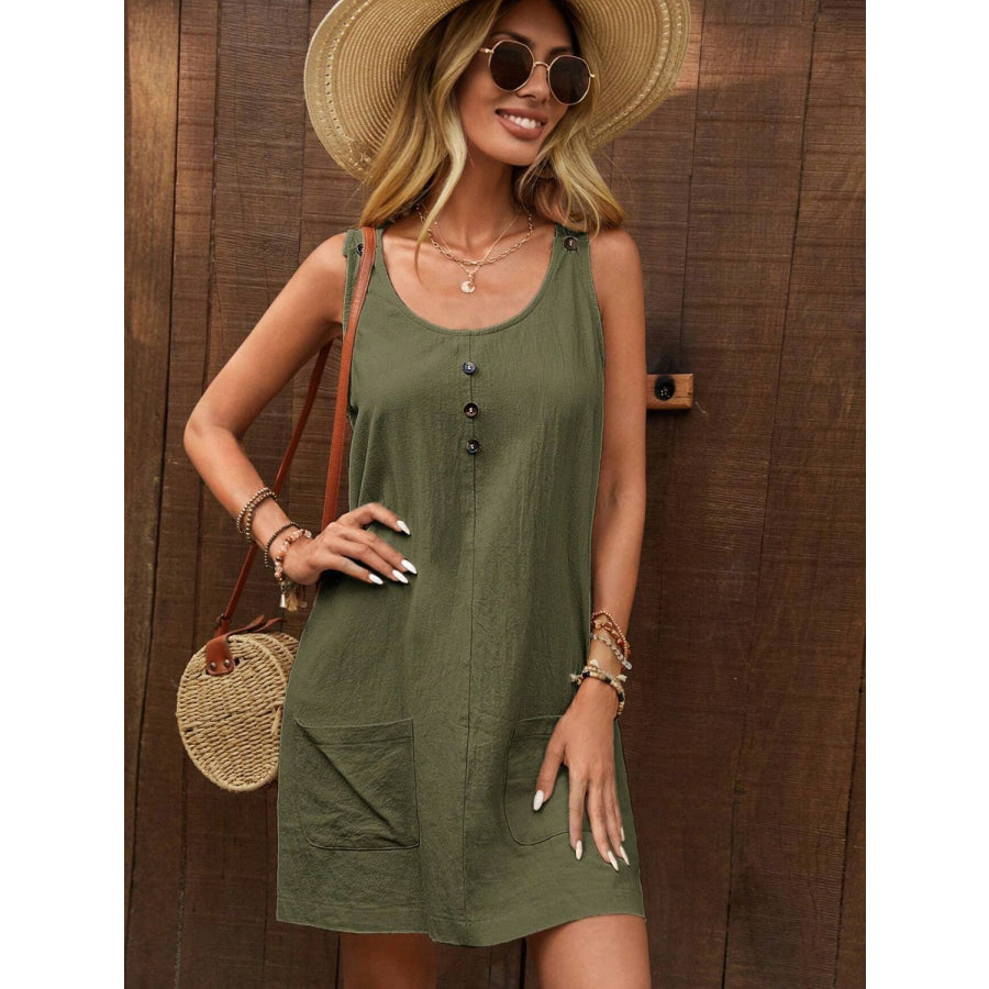 Decor Button Mini Tank Dress with Pockets Army Green / S Apparel and Accessories