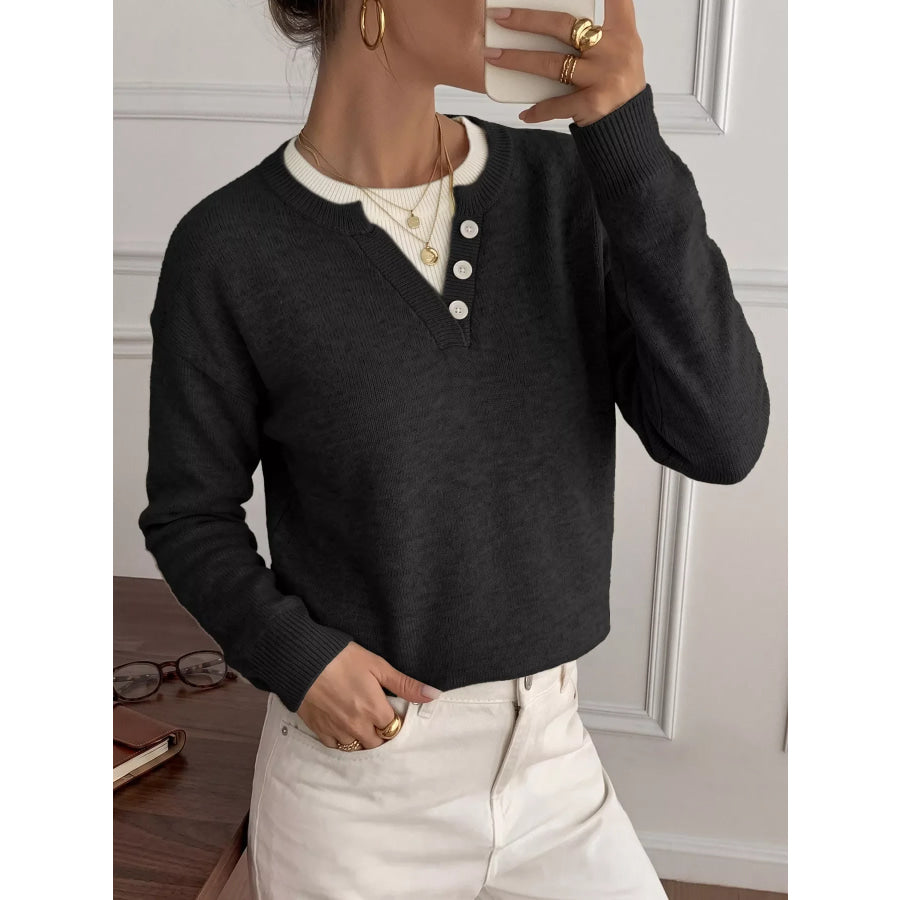 Decor Button-Placket Ribbed Knit Sweater Apparel and Accessories