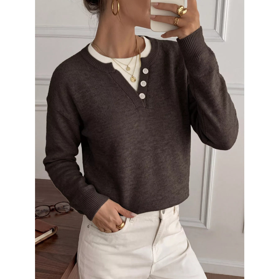 Decor Button-Placket Ribbed Knit Sweater Apparel and Accessories
