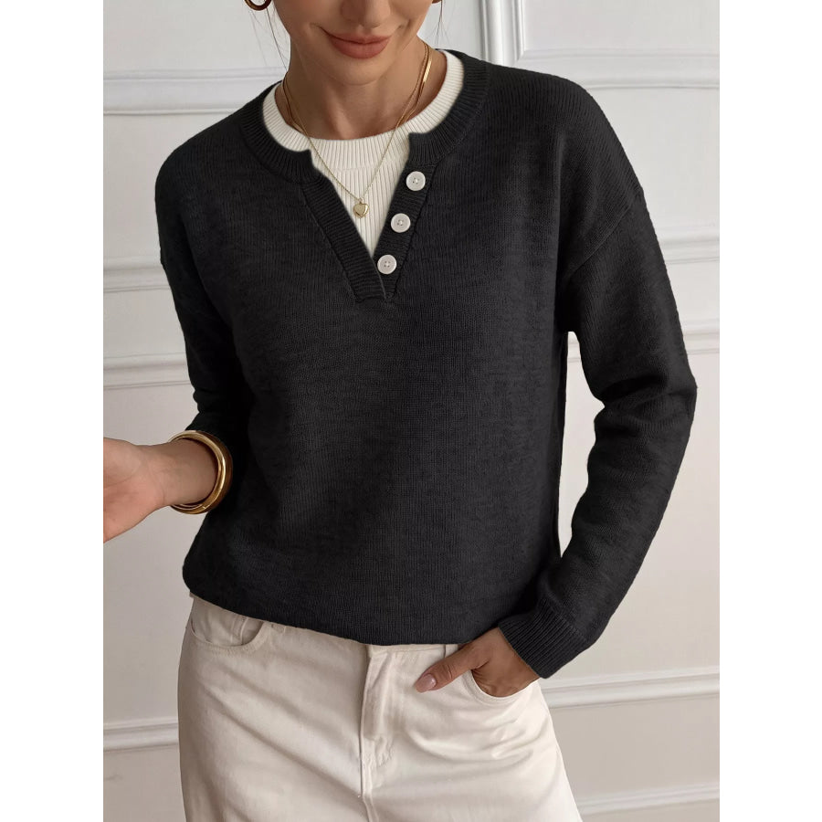 Decor Button-Placket Ribbed Knit Sweater Apparel and Accessories