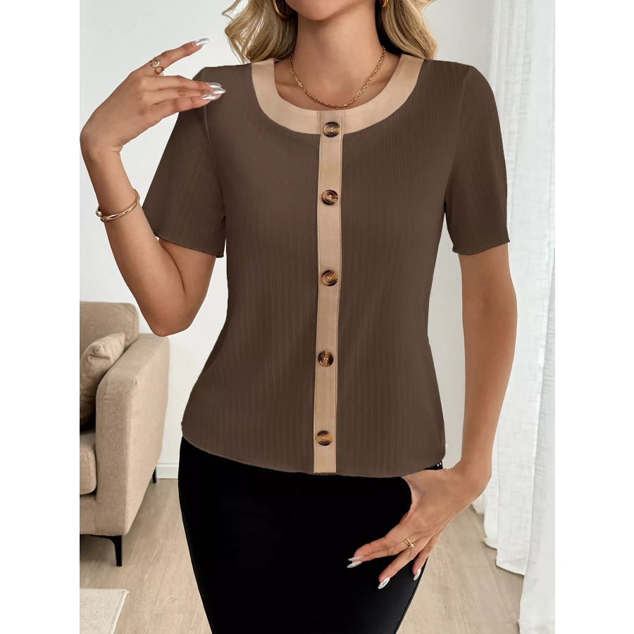 Decor Button Round Neck Short Sleeve Blouse Apparel and Accessories