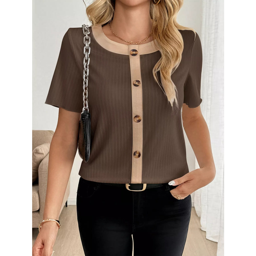 Decor Button Round Neck Short Sleeve Blouse Apparel and Accessories