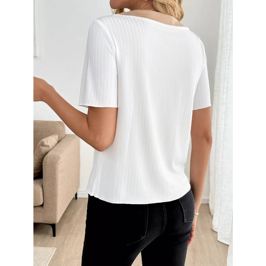 Decor Button Round Neck Short Sleeve Blouse Apparel and Accessories