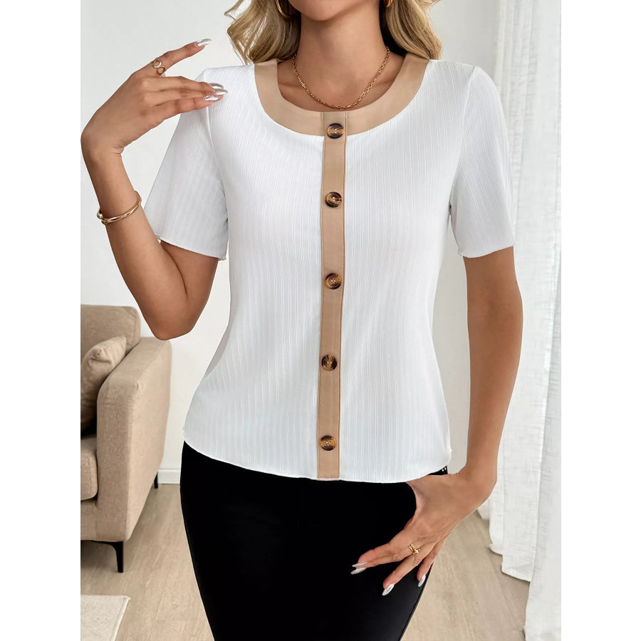 Decor Button Round Neck Short Sleeve Blouse Apparel and Accessories