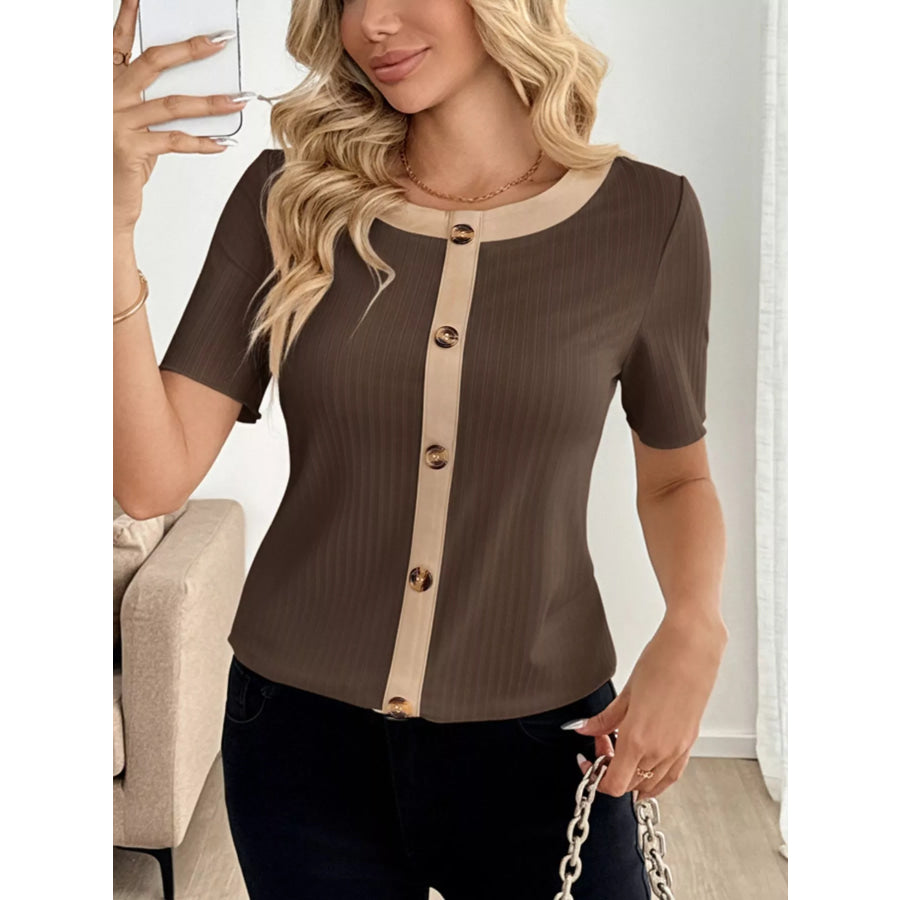 Decor Button Round Neck Short Sleeve Blouse Apparel and Accessories