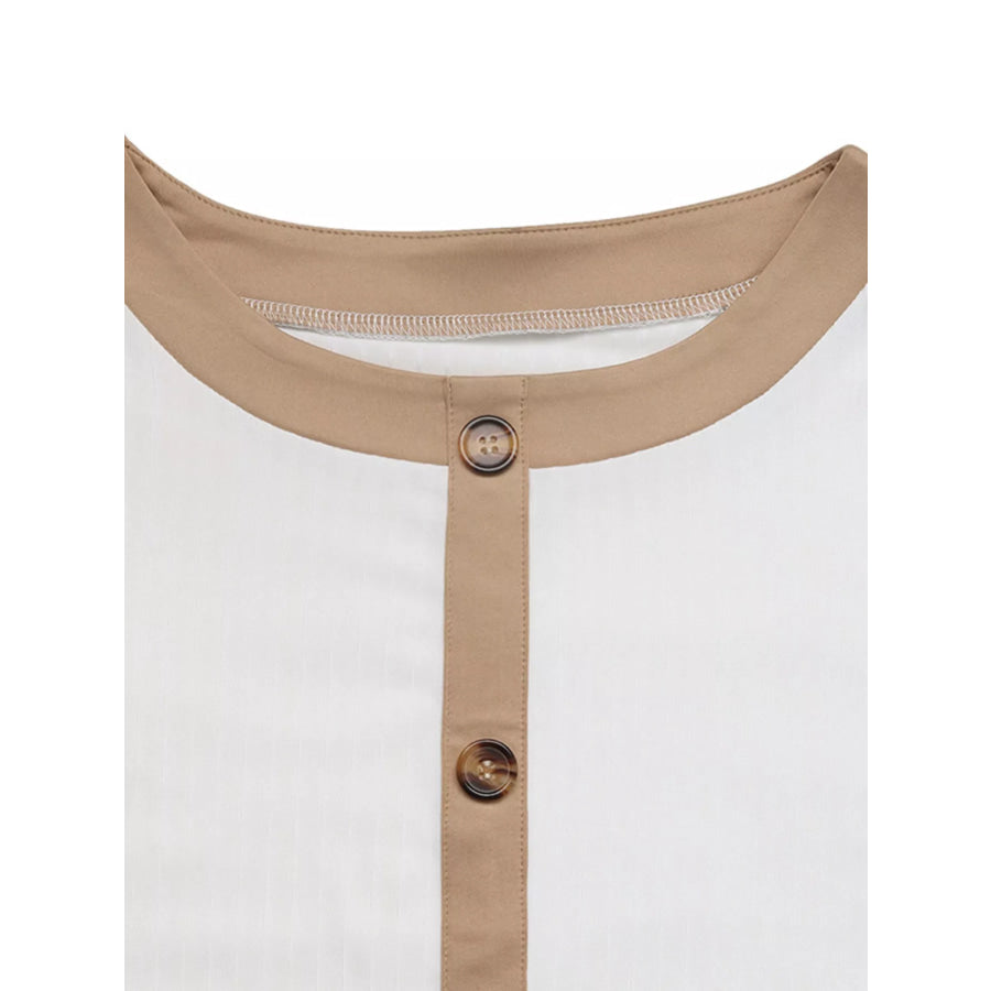 Decor Button Round Neck Short Sleeve Blouse Apparel and Accessories