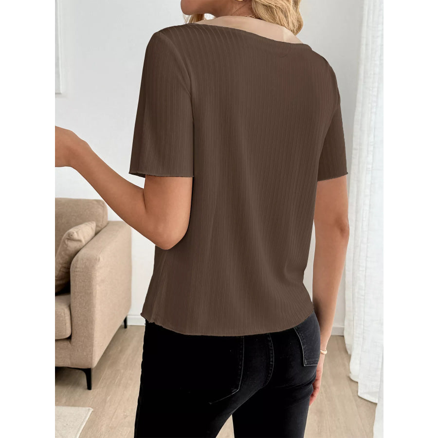 Decor Button Round Neck Short Sleeve Blouse Apparel and Accessories