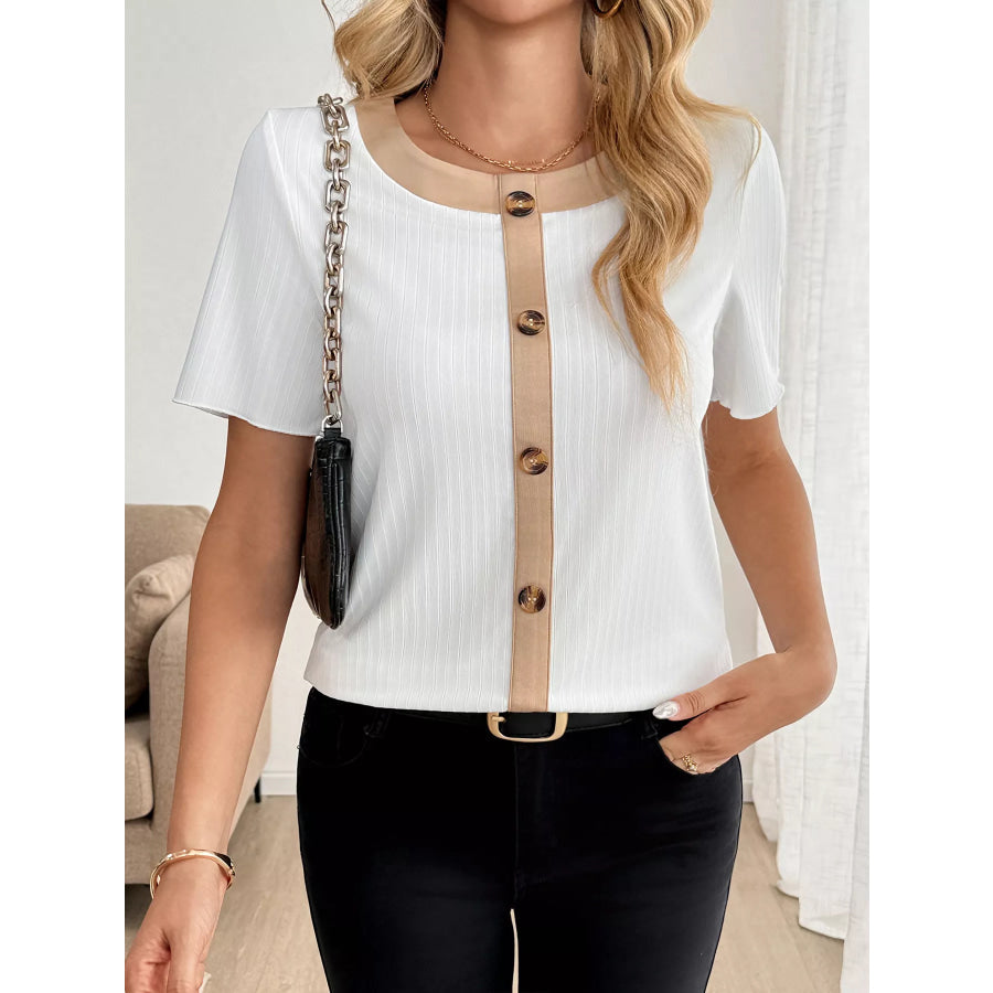 Decor Button Round Neck Short Sleeve Blouse Apparel and Accessories