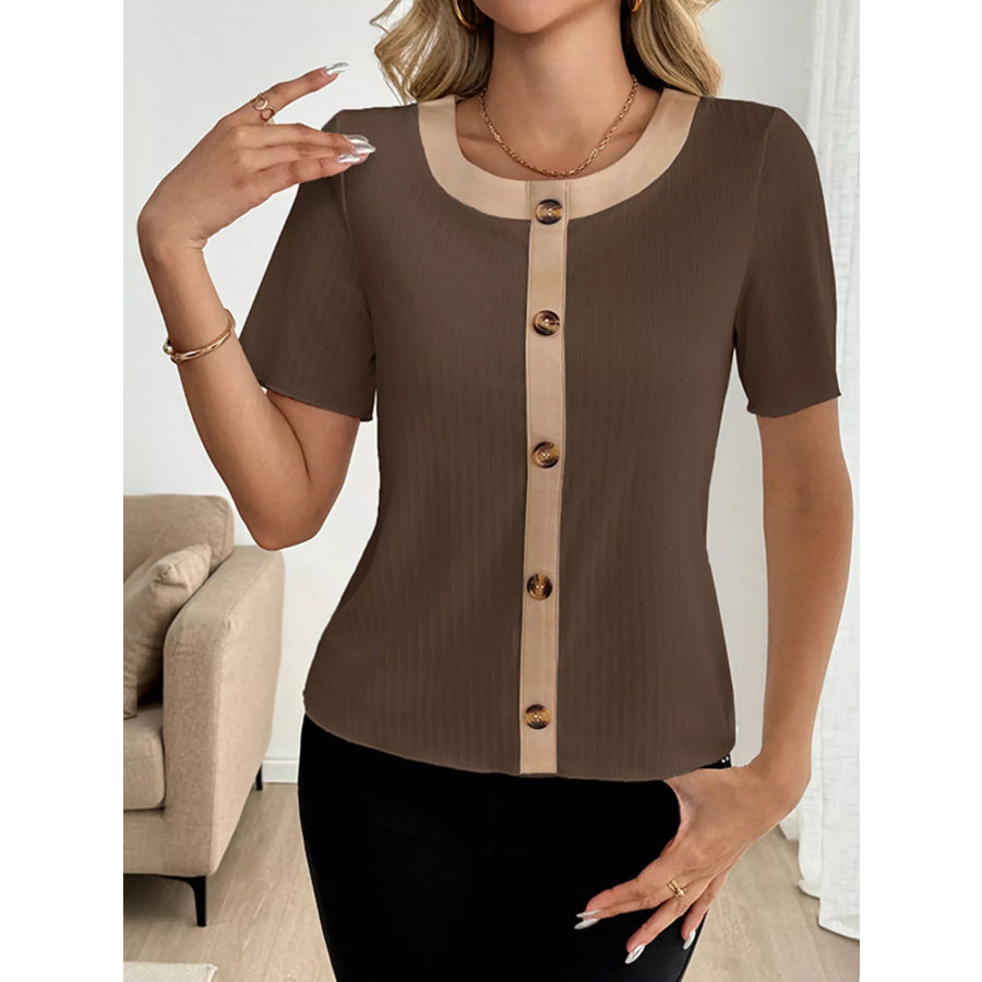 Decor Button Round Neck Short Sleeve Blouse Coffee Brown / S Apparel and Accessories