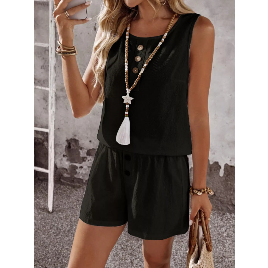Decor Button Round Neck Tank and Shorts Set Apparel and Accessories