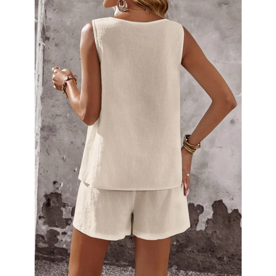 Decor Button Round Neck Tank and Shorts Set Apparel and Accessories
