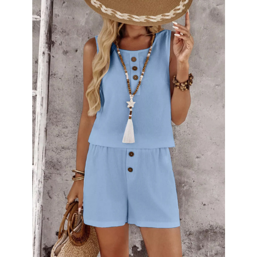 Decor Button Round Neck Tank and Shorts Set Apparel and Accessories