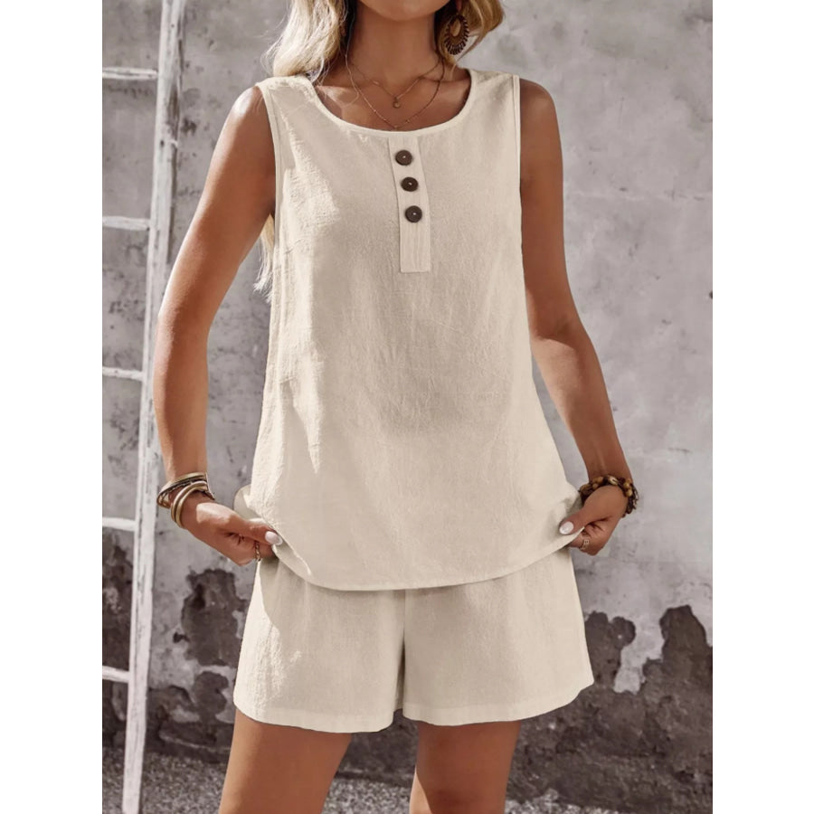 Decor Button Round Neck Tank and Shorts Set Apparel and Accessories