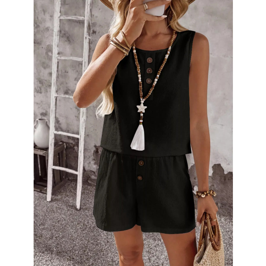 Decor Button Round Neck Tank and Shorts Set Apparel and Accessories