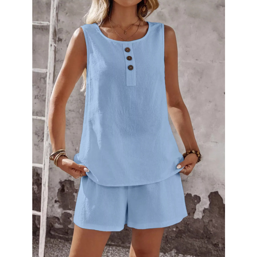 Decor Button Round Neck Tank and Shorts Set Apparel and Accessories