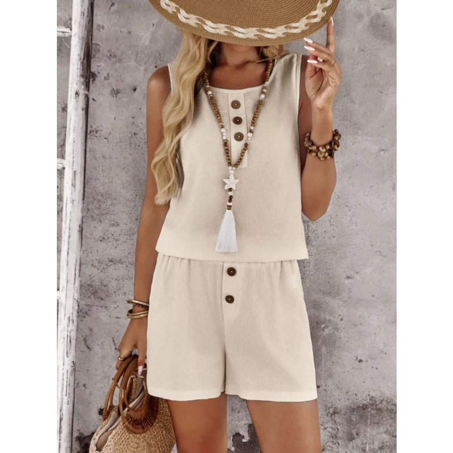 Decor Button Round Neck Tank and Shorts Set Apparel and Accessories