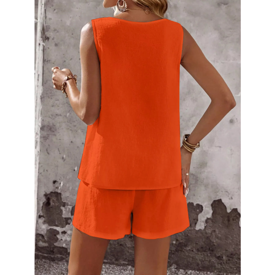 Decor Button Round Neck Tank and Shorts Set Apparel and Accessories