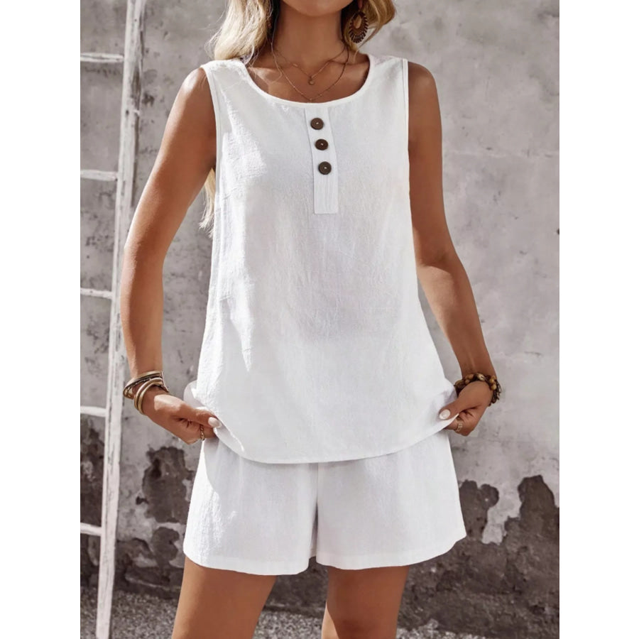 Decor Button Round Neck Tank and Shorts Set Apparel and Accessories