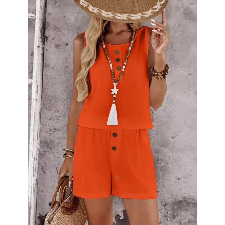 Decor Button Round Neck Tank and Shorts Set Apparel and Accessories