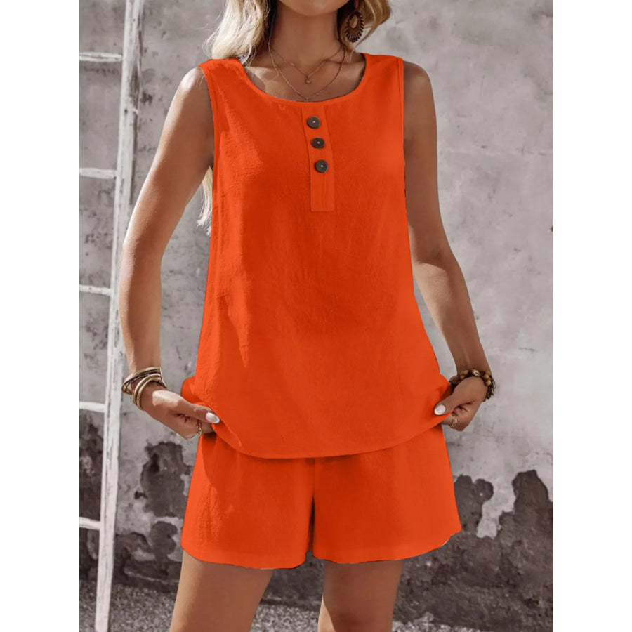 Decor Button Round Neck Tank and Shorts Set Apparel and Accessories