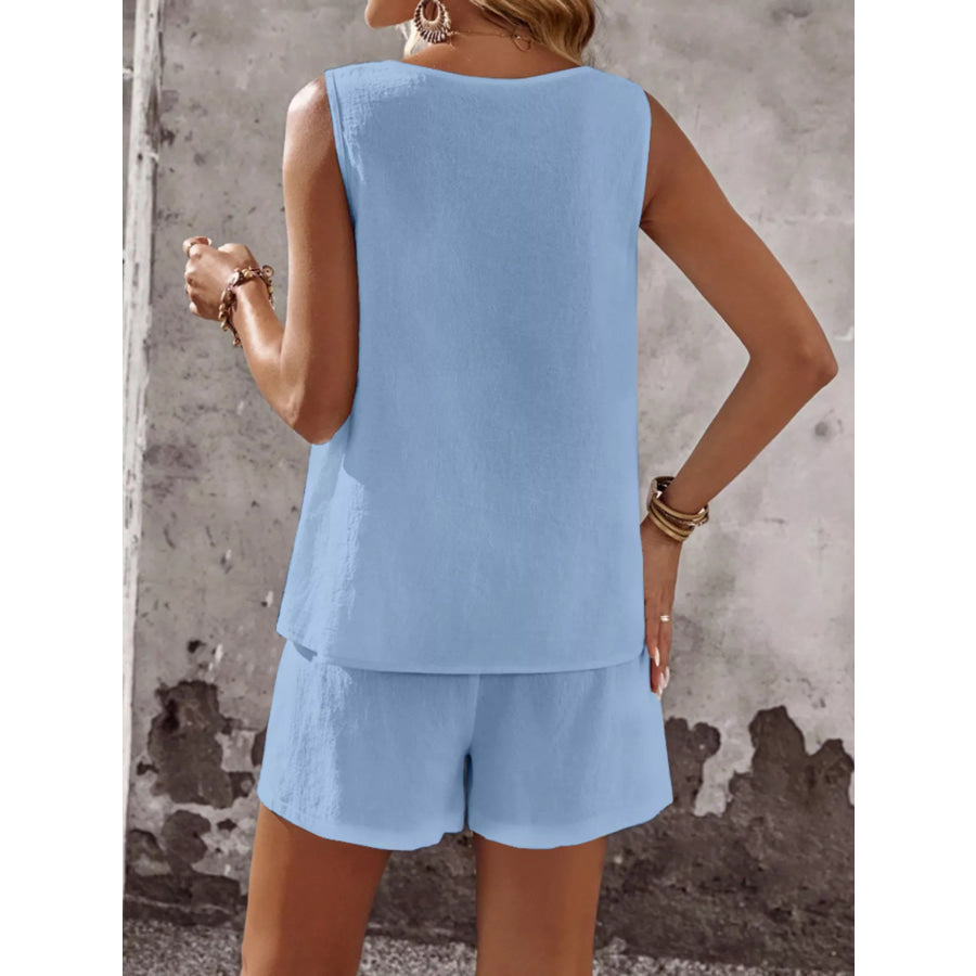 Decor Button Round Neck Tank and Shorts Set Apparel and Accessories