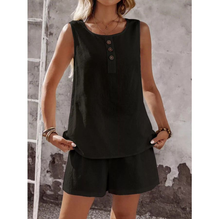 Decor Button Round Neck Tank and Shorts Set Black / S Apparel and Accessories