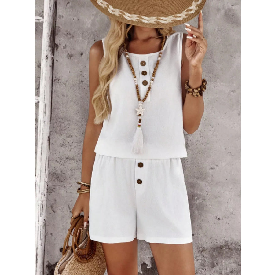 Decor Button Round Neck Tank and Shorts Set White / S Apparel and Accessories