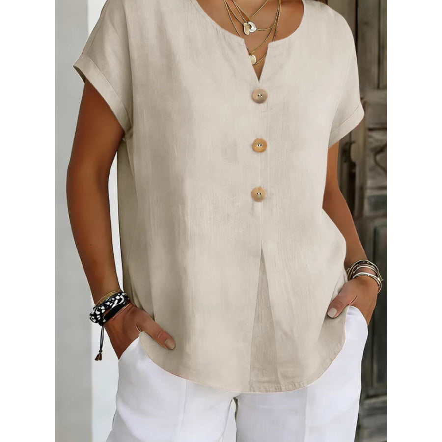 Decor Button Short Sleeve Blouse Apparel and Accessories